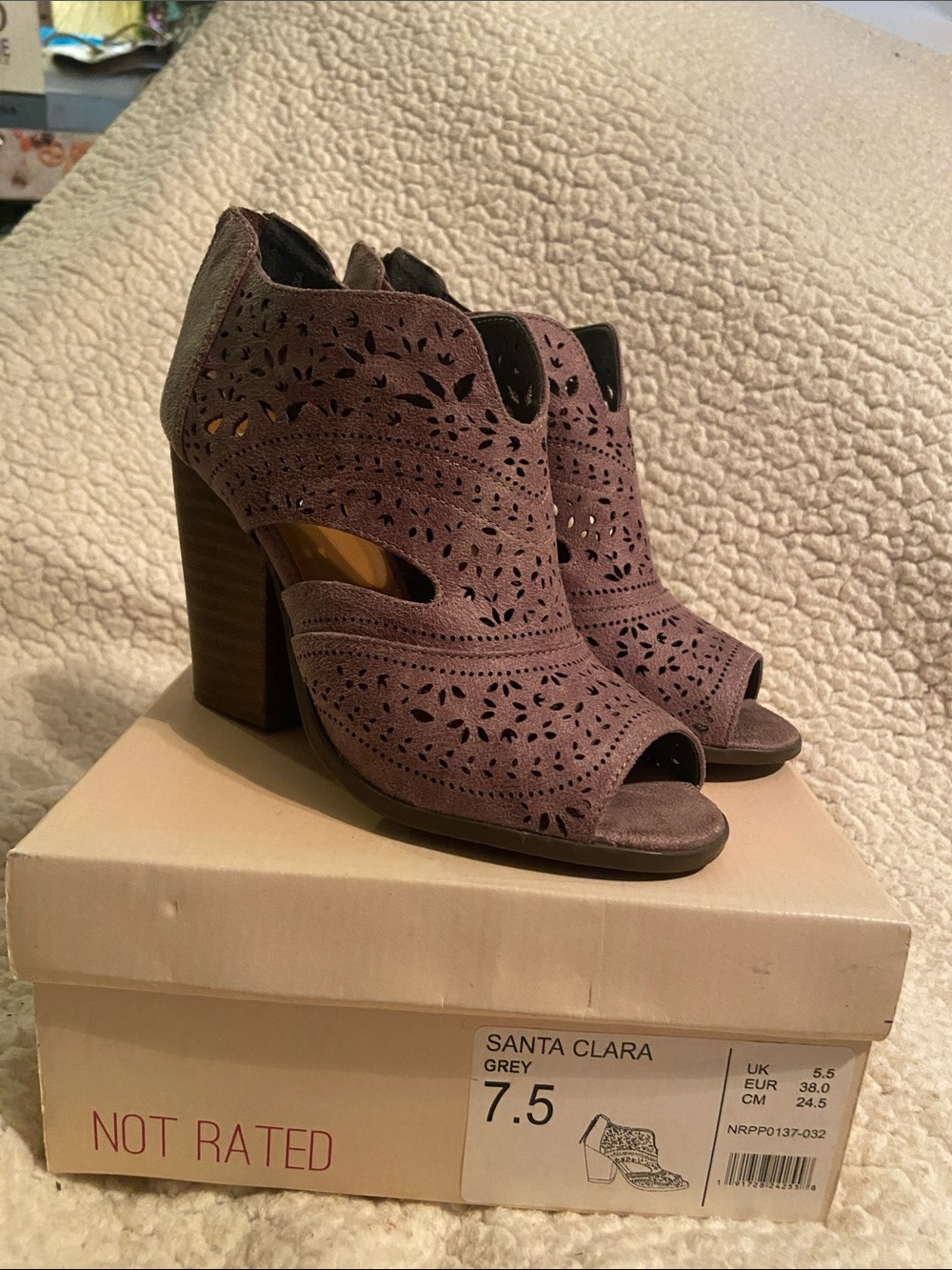 Not Rated Peep-Toe Laser-Cut Block Heel Booties in Brown/Grey - wore once